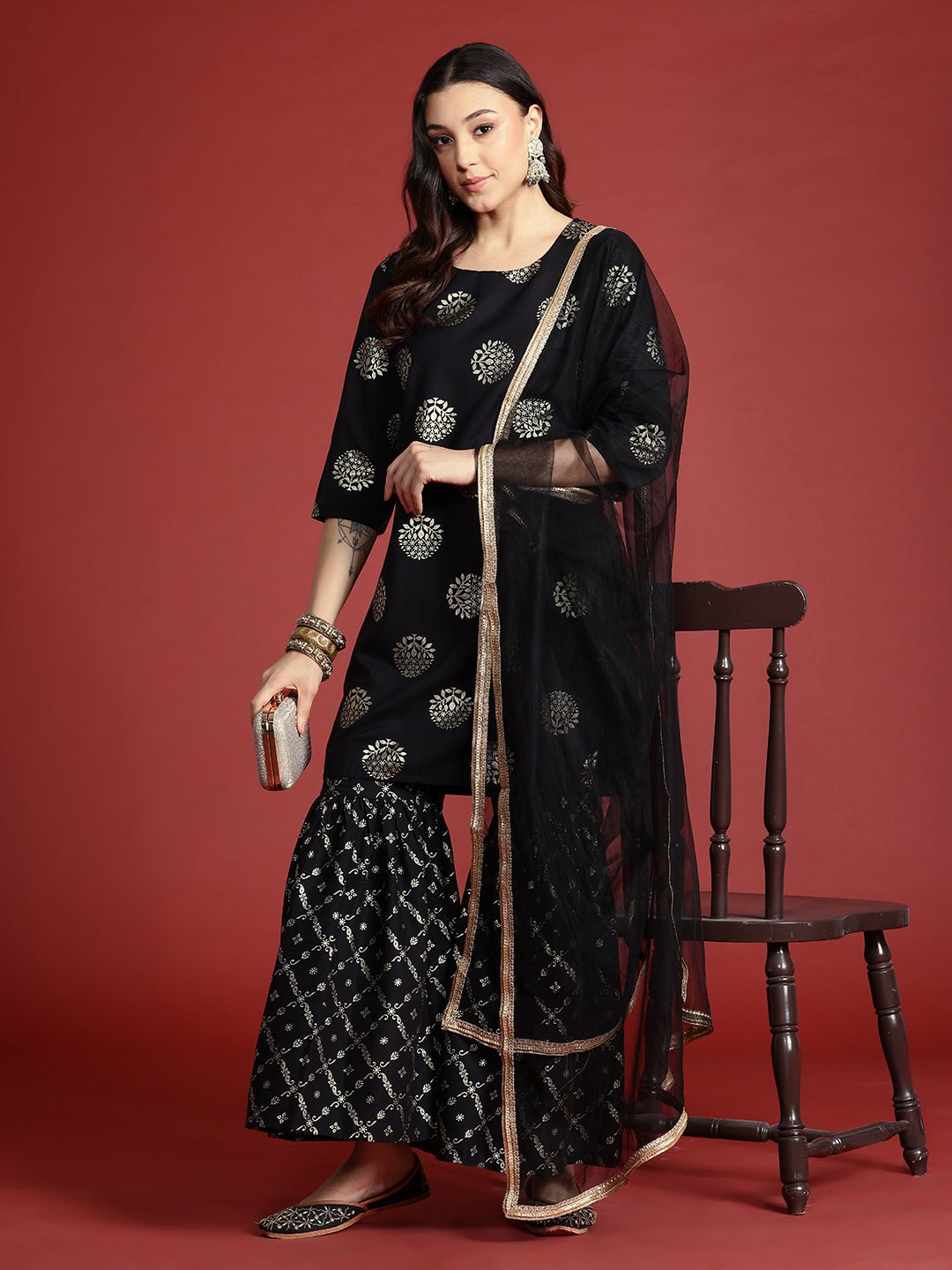 Anouk Tyohaar Foil Print Kurta with Sharara & Dupatta