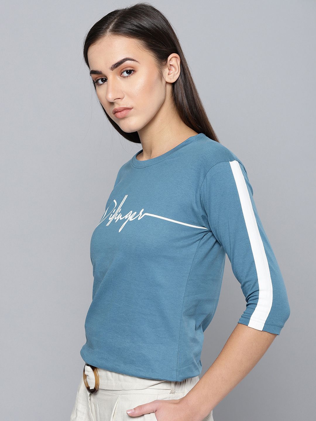 DILLINGER Women Blue Printed Round Neck Pure Cotton T-shirt