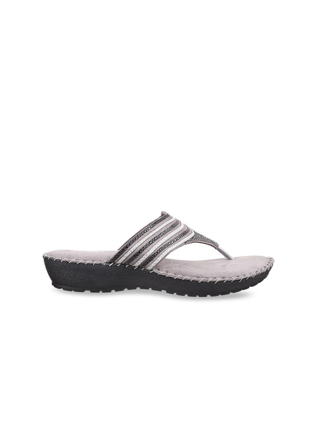 Metro Women Grey Embellished Comfort Sandals