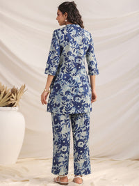 Janasya Women's Indigo Pure Cotton Floral Printed Regular Co-ord Set