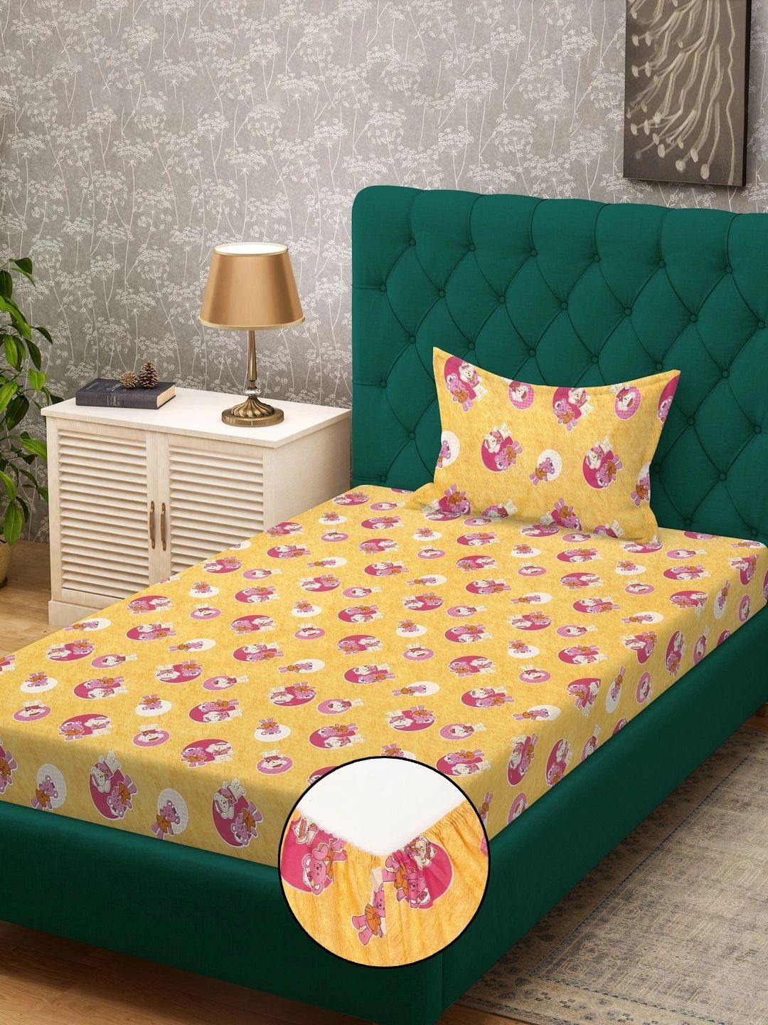 Myntra Elegant Homes Yellow & Pink Printed 400 TC Single Bedsheet & Pillow Cover-2.25x1.5m