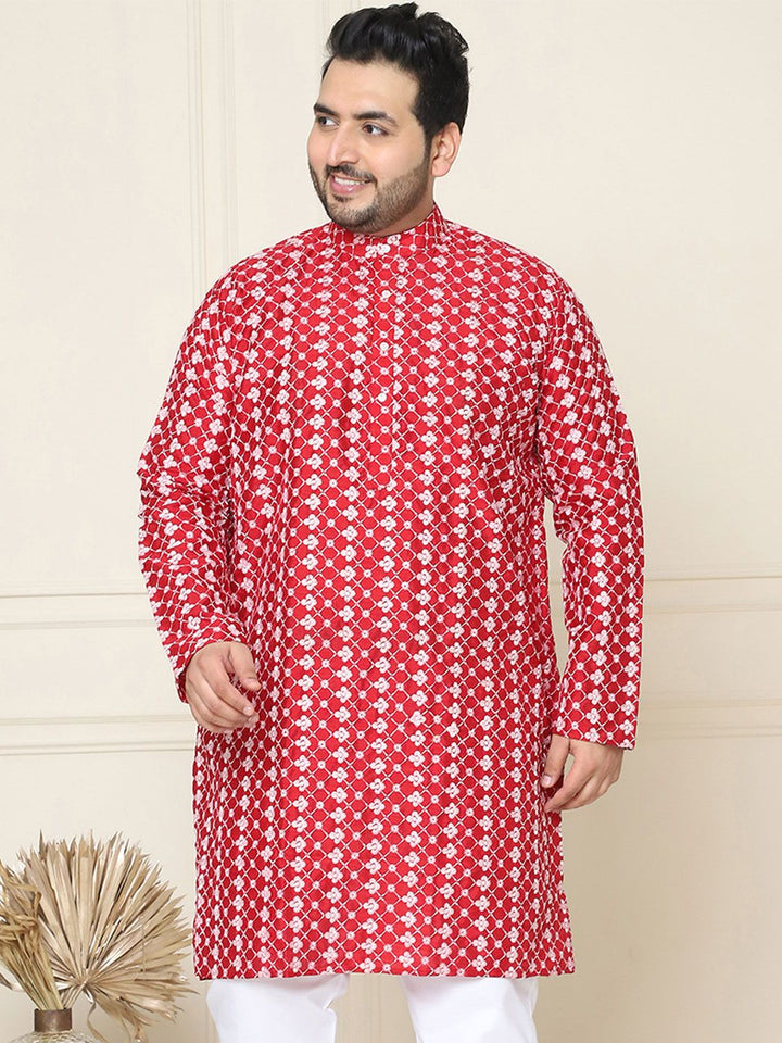 SOJANYA PLUS Floral Embroidered Band Collar Neck Long Sleeves Silk Straight Kurta