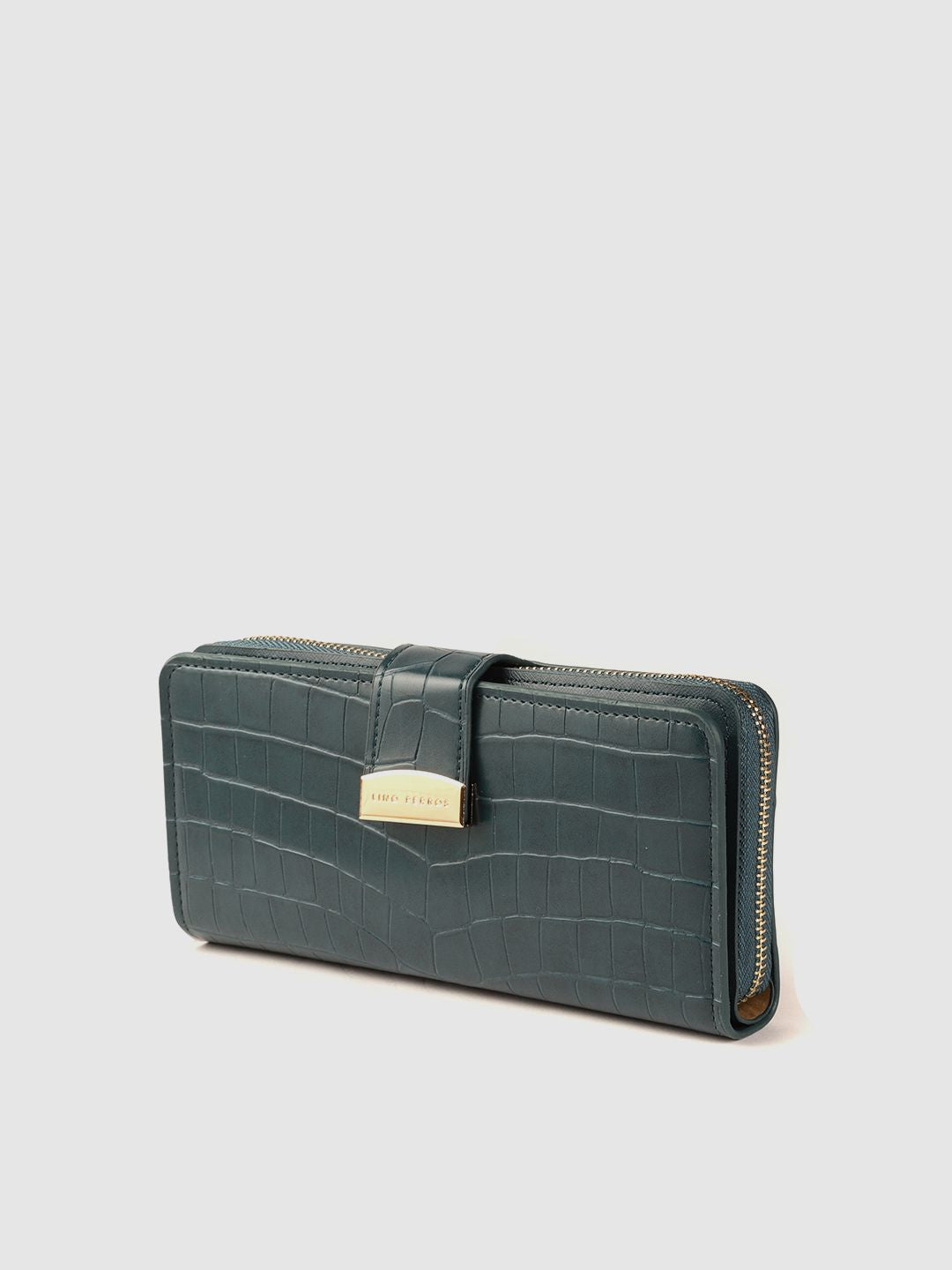 Lino Perros Women Teal Green Croc Textured Zip Around Wallet