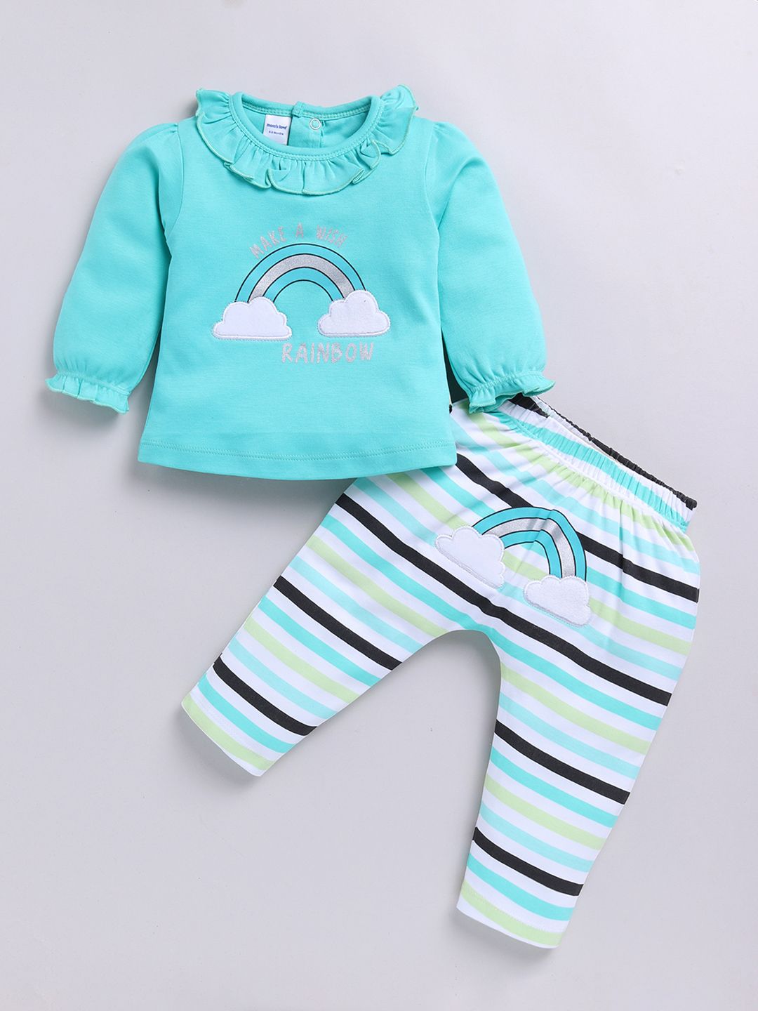 Moms Love Infant Girls Pure Cotton Printed Puffed Sleeves Top with Trousers