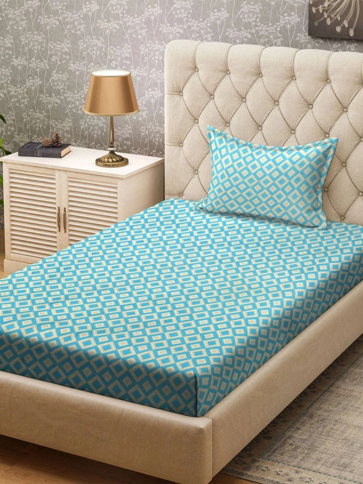 Myntra Elegant Homes Turquoise Blue Geometric 300 TC Single Bedsheet with 1 Pillow Covers