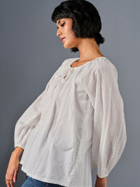 AND Tie-Up Neck Puff Sleeve Pure Cotton  A-Line Top