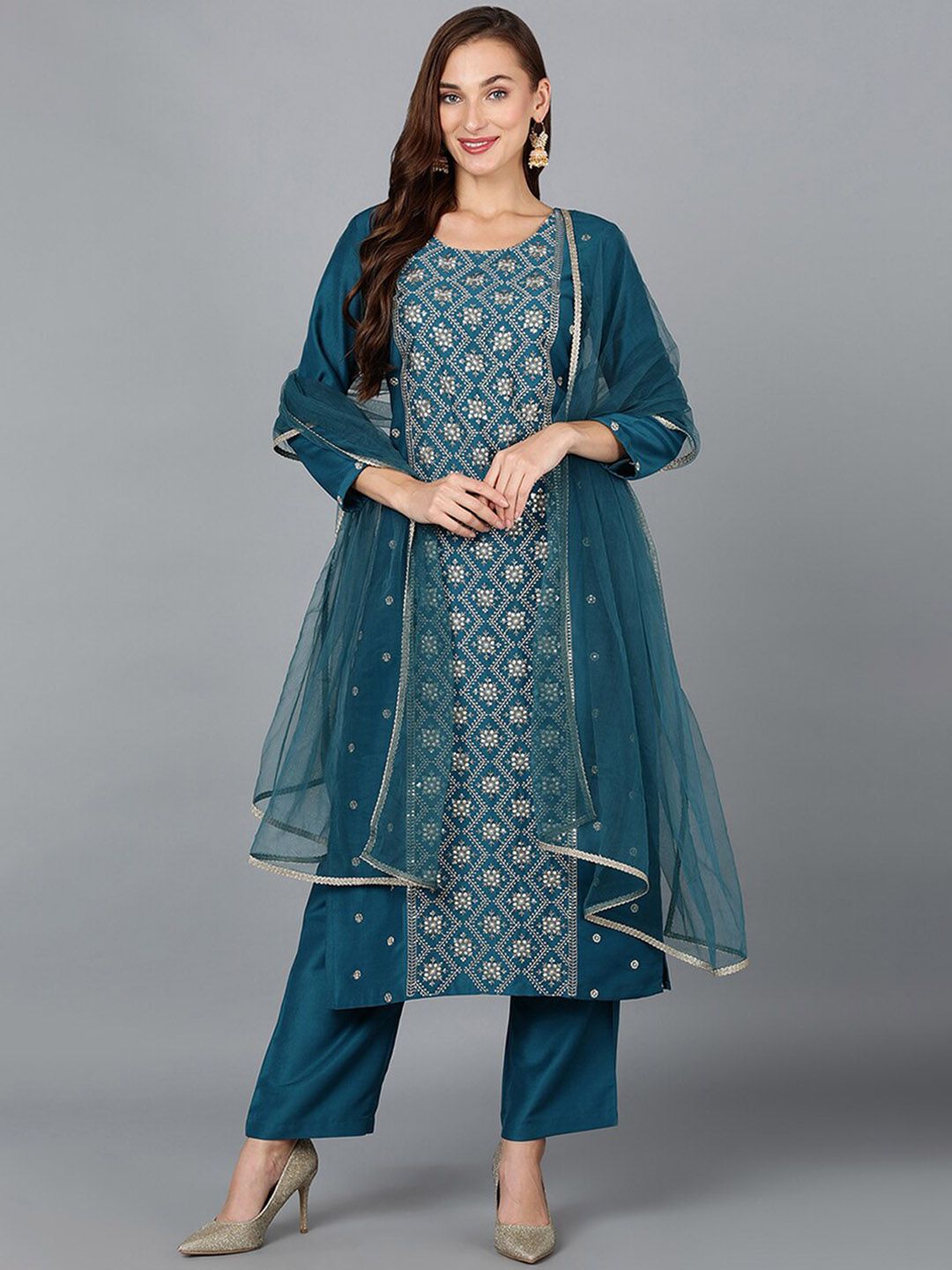 KALINI Ethnic Motifs Sequinned Embroidered Straight Kurta With Trousers & Dupatta