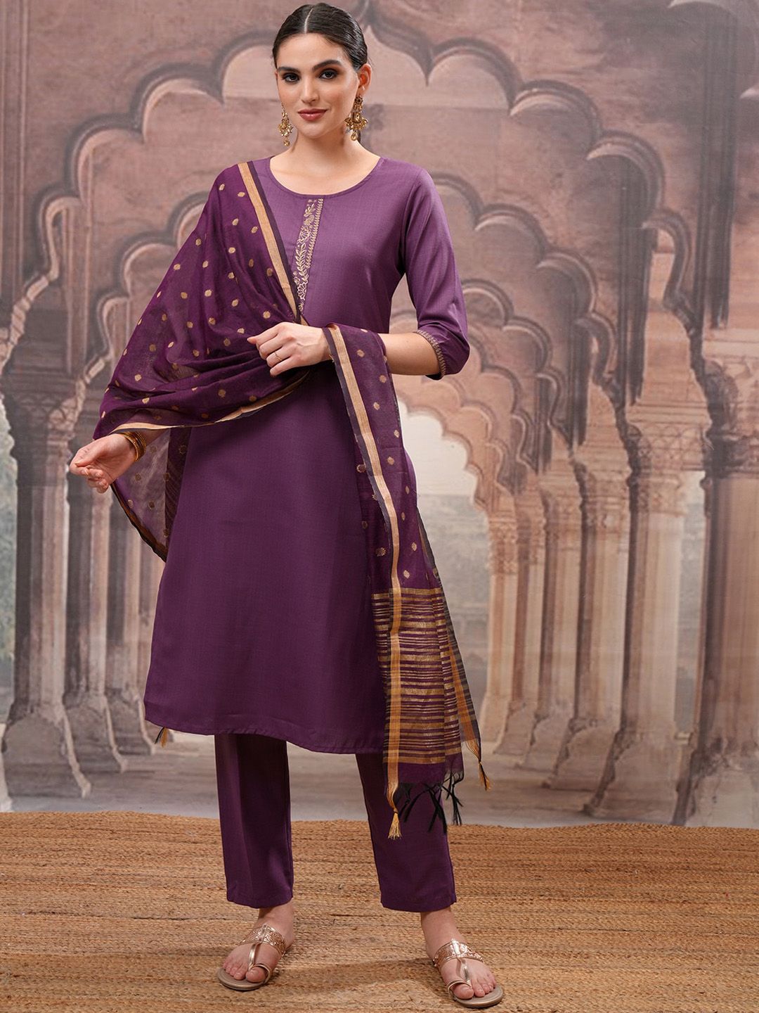 Vishudh Purple Embroidered Round Neck Straight Kurta with Trouser & Dupatta