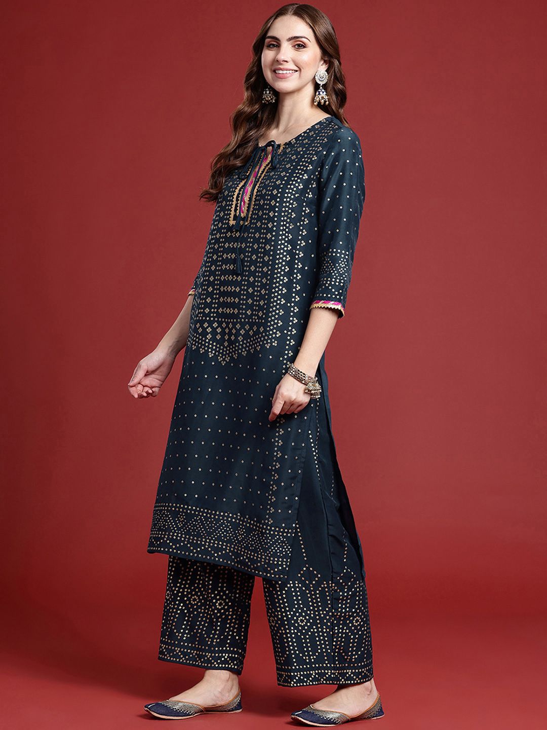 Anouk Ethnic Motifs Printed Tie-Up Neck Regular Gotta Patti Kurta With Palazzos