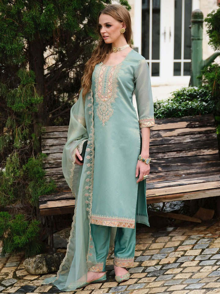 Indo Era Yoke Design Round Neck Kurta With Trousers & Dupatta