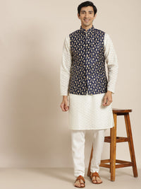 SOJANYA Lelaki Kurta Kapas Tulen Chikankari Berwarna Krim dengan Jaket Churidar & Nehru