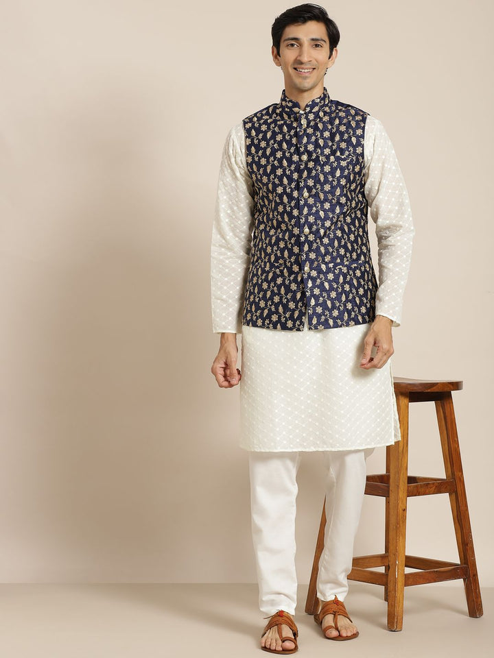 SOJANYA Men Cream-Coloured Chikankari Pure Cotton Kurta with Churidar & Nehru Jacket