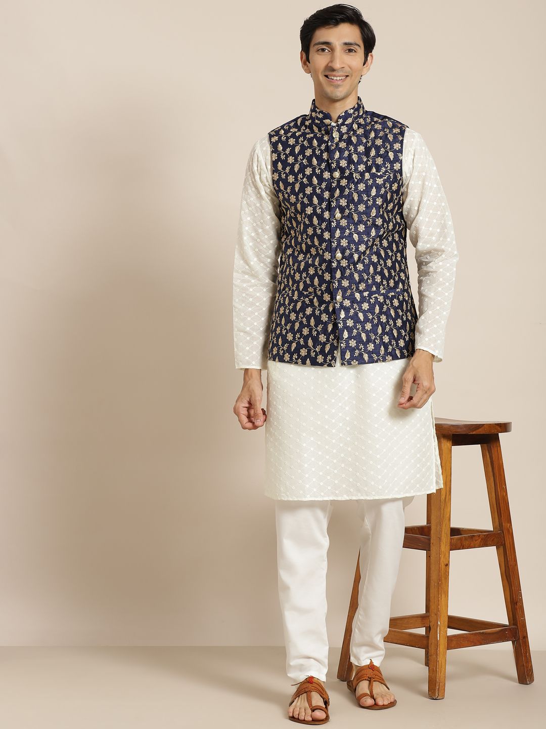 SOJANYA Men Cream-Coloured Chikankari Pure Cotton Kurta with Churidar & Nehru Jacket