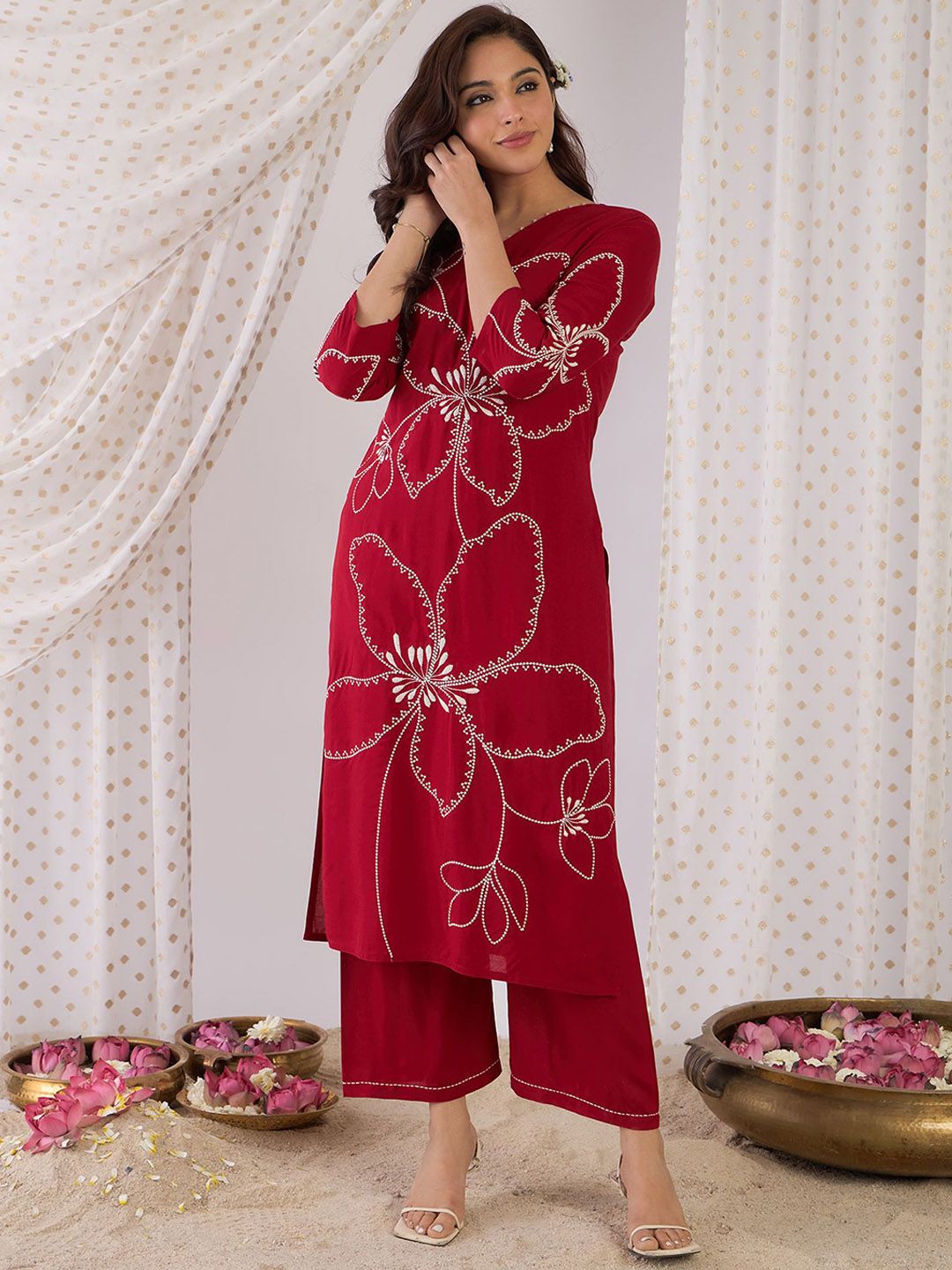Indo Era Embroidered Three-Quarter Sleeves Tunic With Palazzo