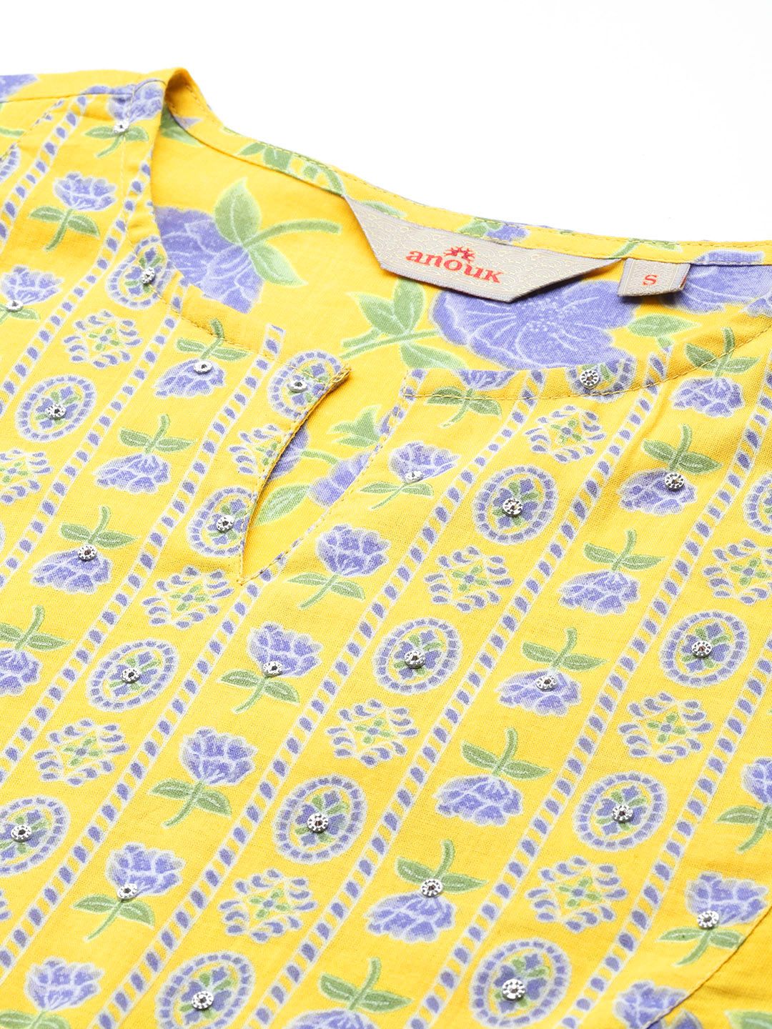 Anouk Floral Printed Regular Sequinned Pure Cotton Kurta With Trousers & Dupatta