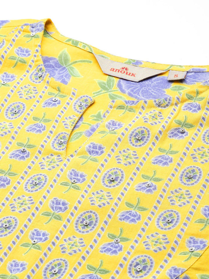 Anouk Floral Printed Regular Sequinned Pure Cotton Kurta With Trousers & Dupatta
