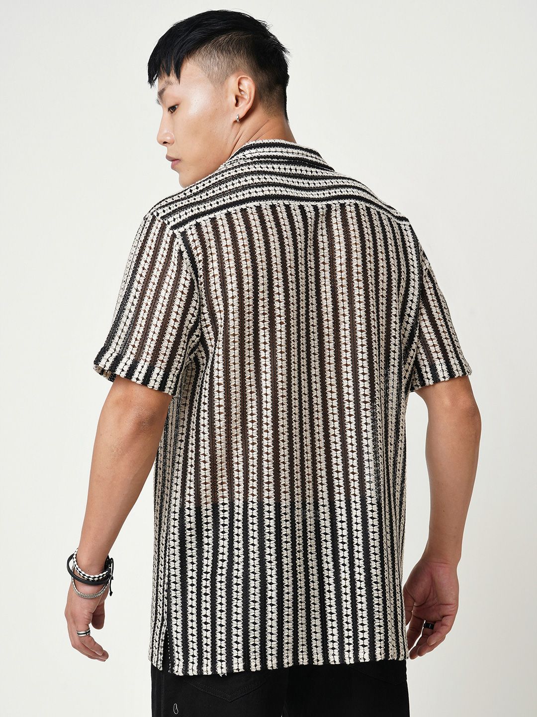 VASTRADO Men Classic Cuban Collar Multi Striped Pure Cotton Oversized Casual Shirt