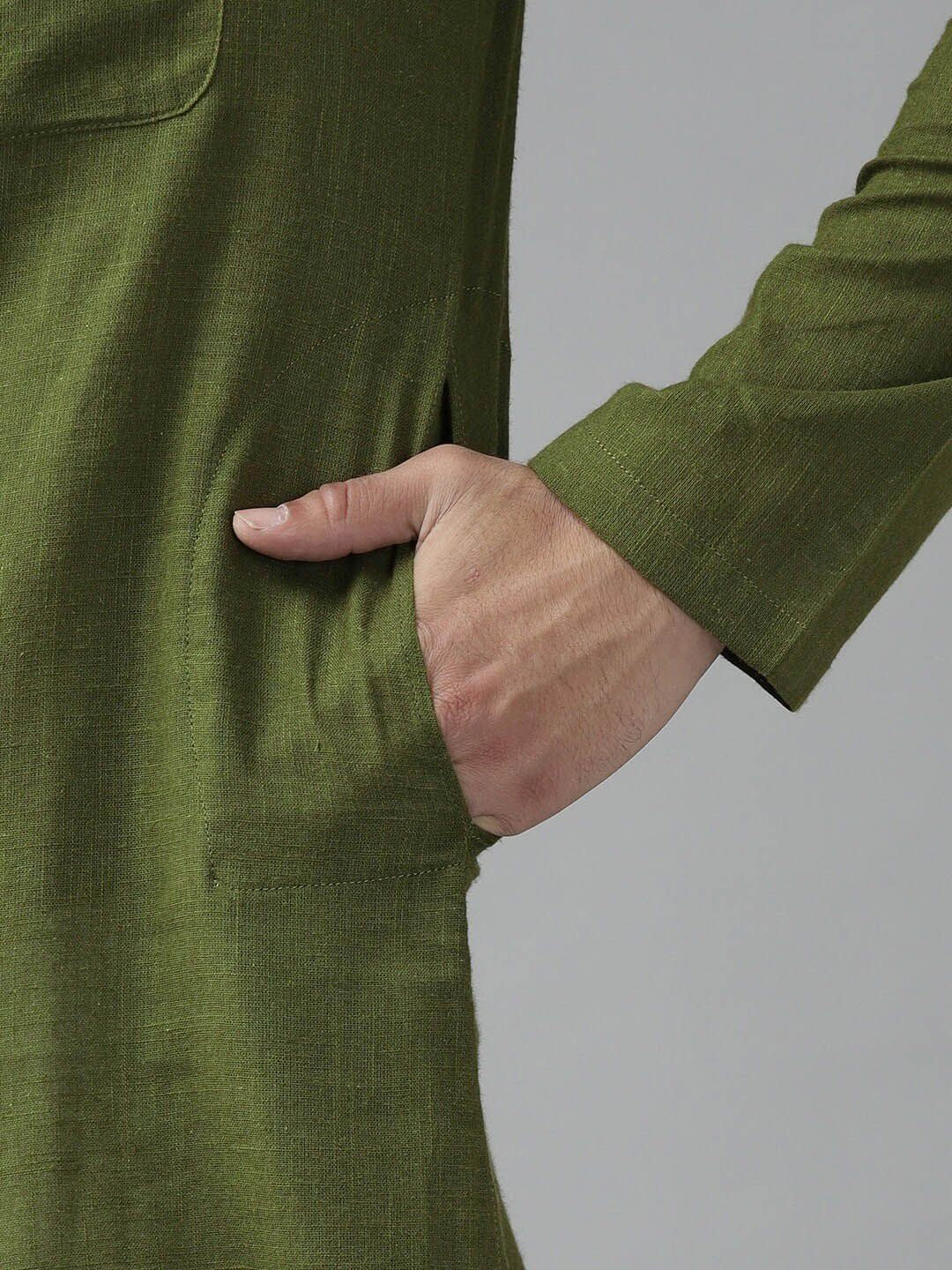 See Designs Men Olive Thread Work Straight Cotton Kurta