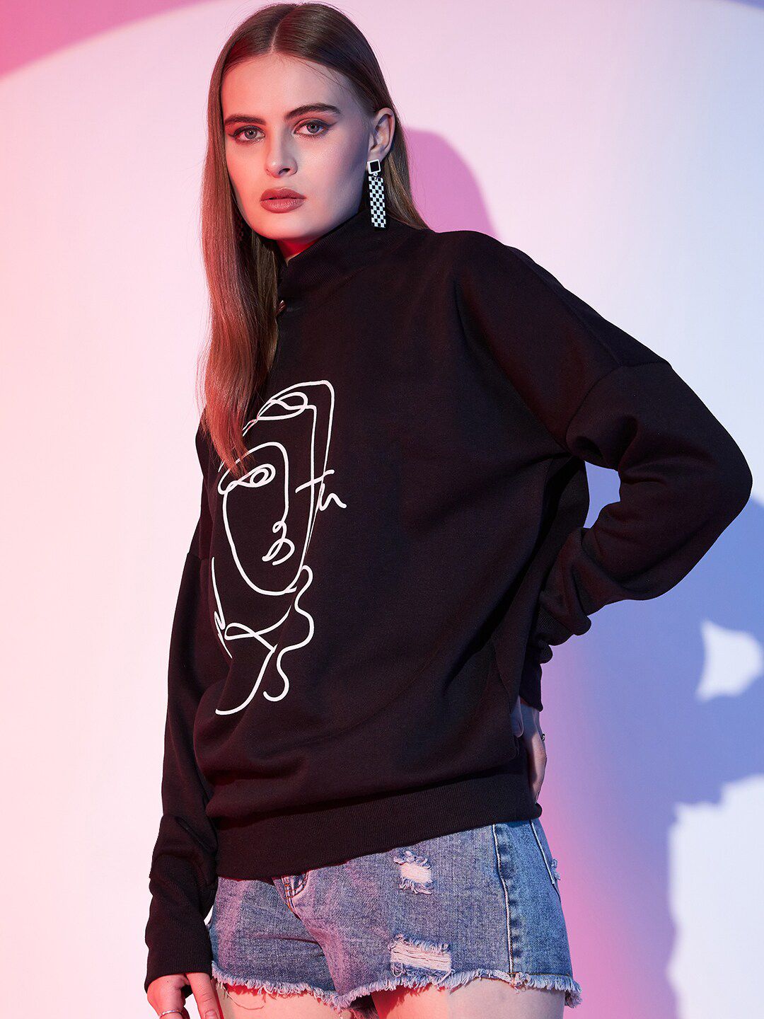 STREET 9 Graphic Printed Turtle Neck Fleece Pullover Sweatshirt