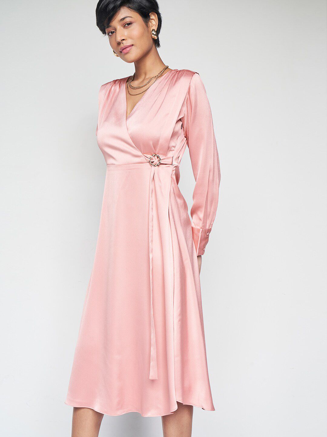 AND V-Neck Long Cuffed Sleeves Midi Dress