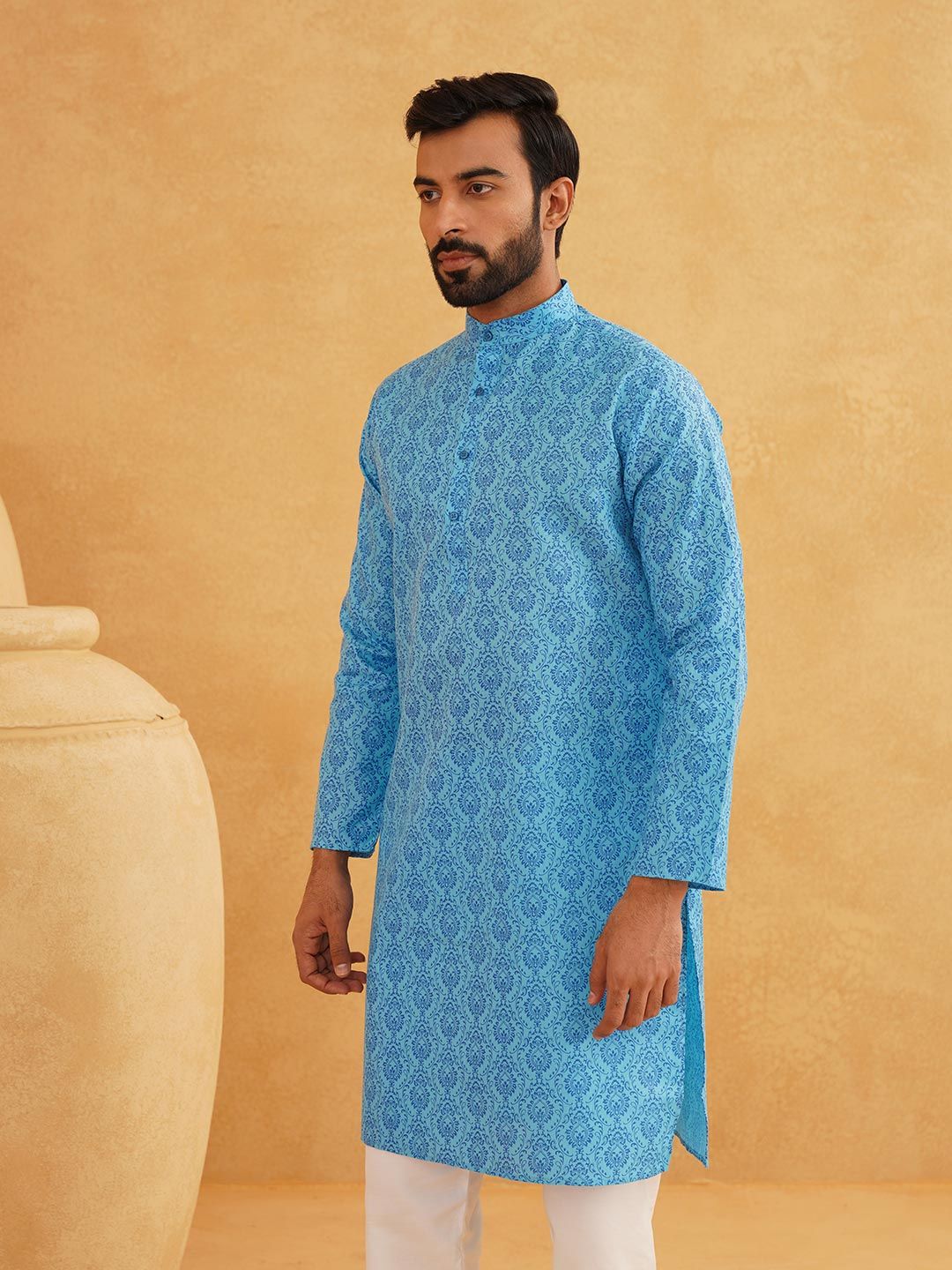 SOJANYA Men Blue & White Ethnic Motifs Cotton Linen Printed Kurta