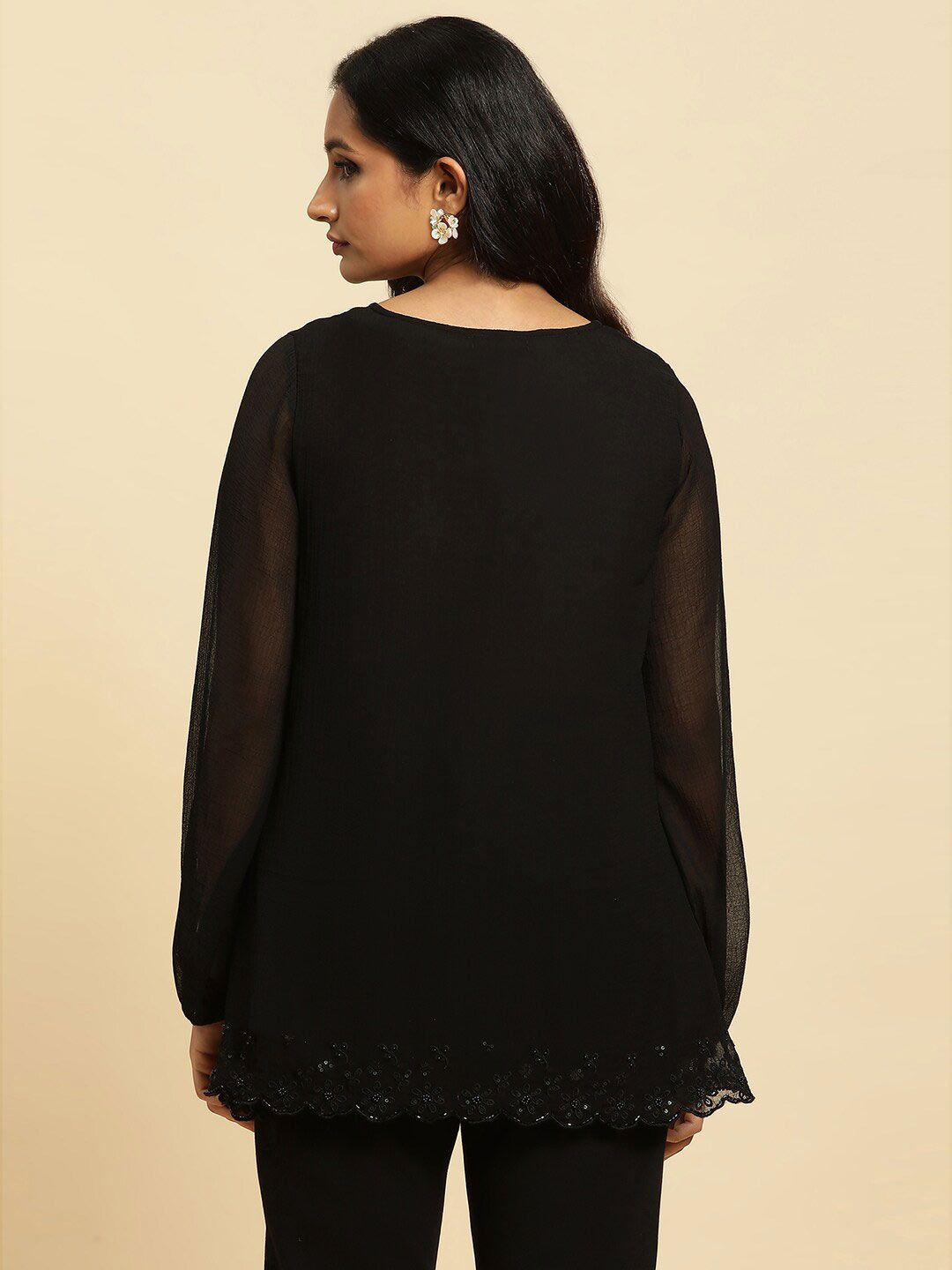 W Black Floral Embroidered Sequinned Longline Top
