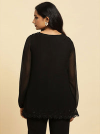 W Black Floral Embroidered Sequinned Longline Top