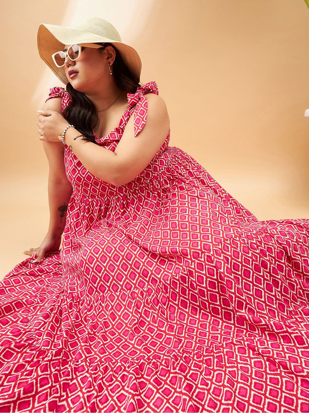 SASSAFRAS Curve Plus Size Pink Geometric Printed Gathered Tiered Fit & Flare Maxi Dress