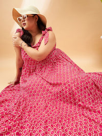 SASSAFRAS Curve Plus Size Pink Geometric Printed Gathered Tiered Fit & Flare Maxi Dress