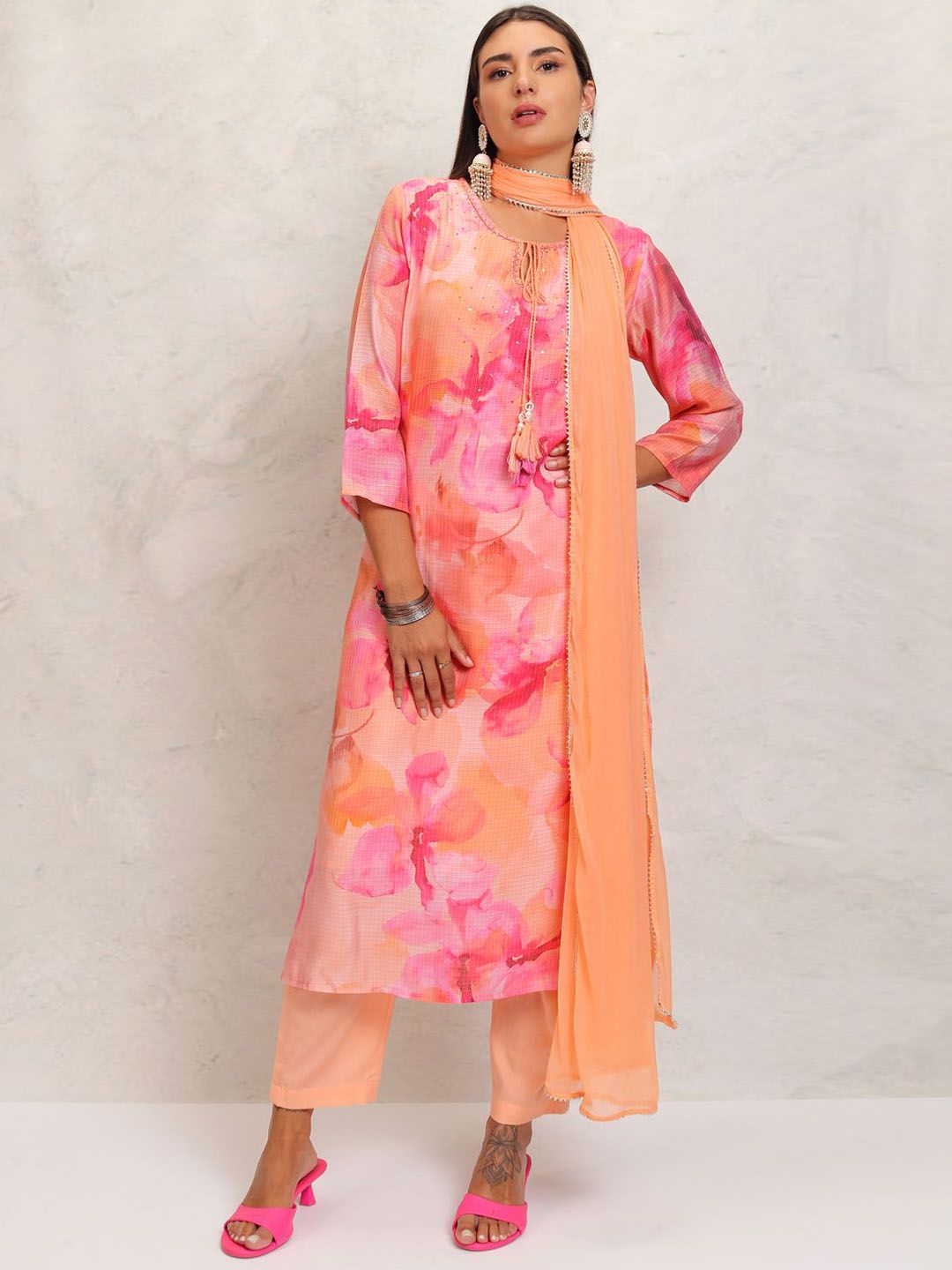 Vishudh Orange Printed Tie-Up Neck Pure Cotton Straight Kurta With Trousers & Dupatta