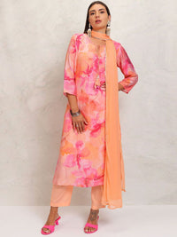Vishudh Orange Printed Tie-Up Neck Pure Cotton Straight Kurta With Trousers & Dupatta