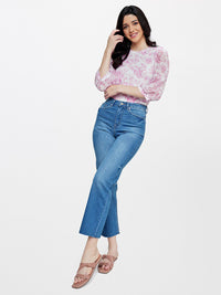 AND Round Neck Puff Sleeves Floral Ribbed Regular Top