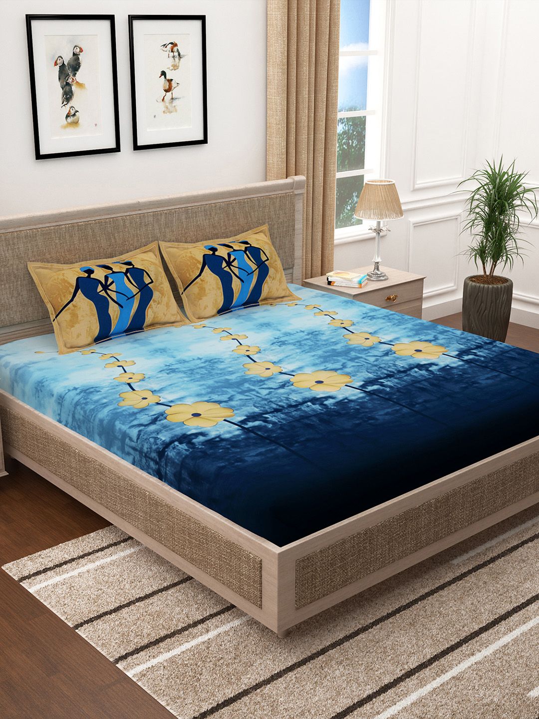 Story@home Blue & Beige Floral 300 TC Cotton 1 King Bedsheet with 2 Pillow Covers