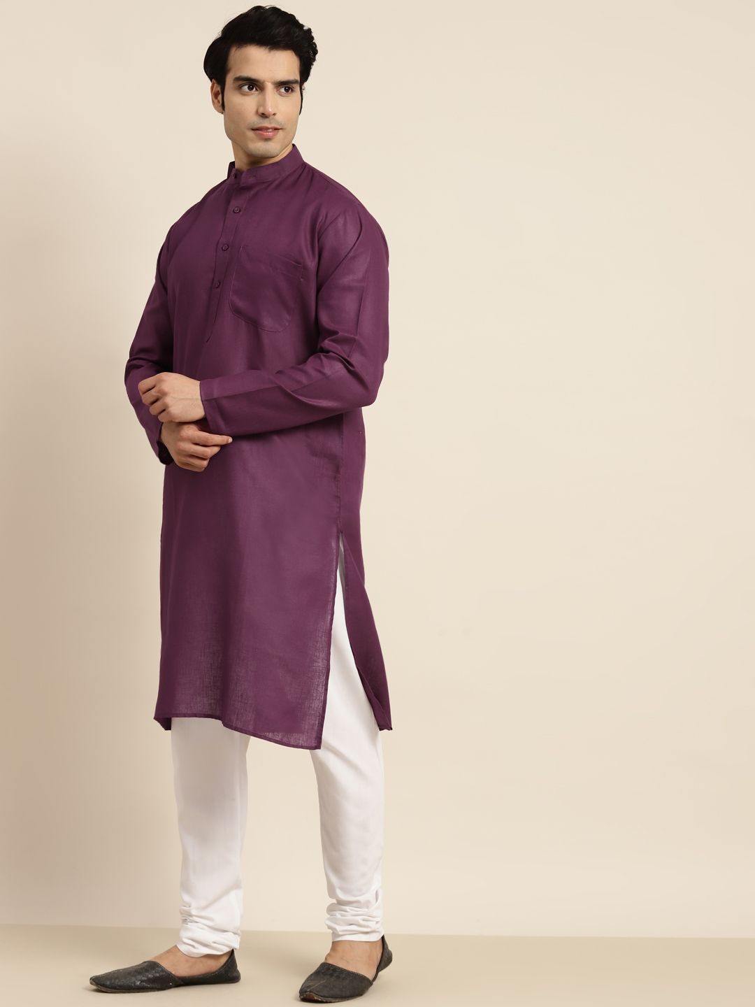Anug by SOJANYA Men Purple Dobby Band Collar Kurta