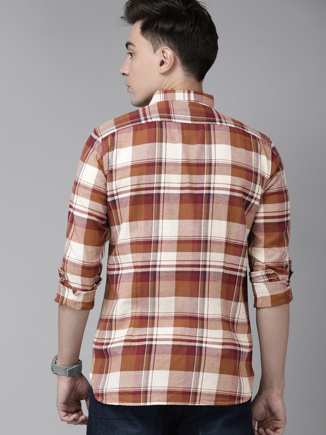 THE BEAR HOUSE Men Rust Orange & White Slim Fit Checked Pure Cotton Casual Shirt
