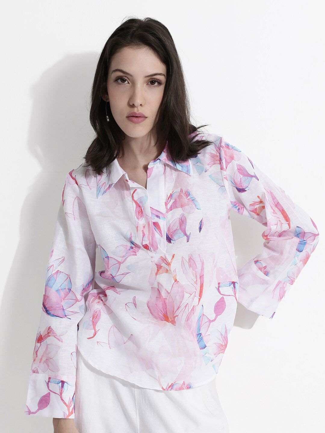 RAREISM Floral Printed Shirt Collar Cotton Top