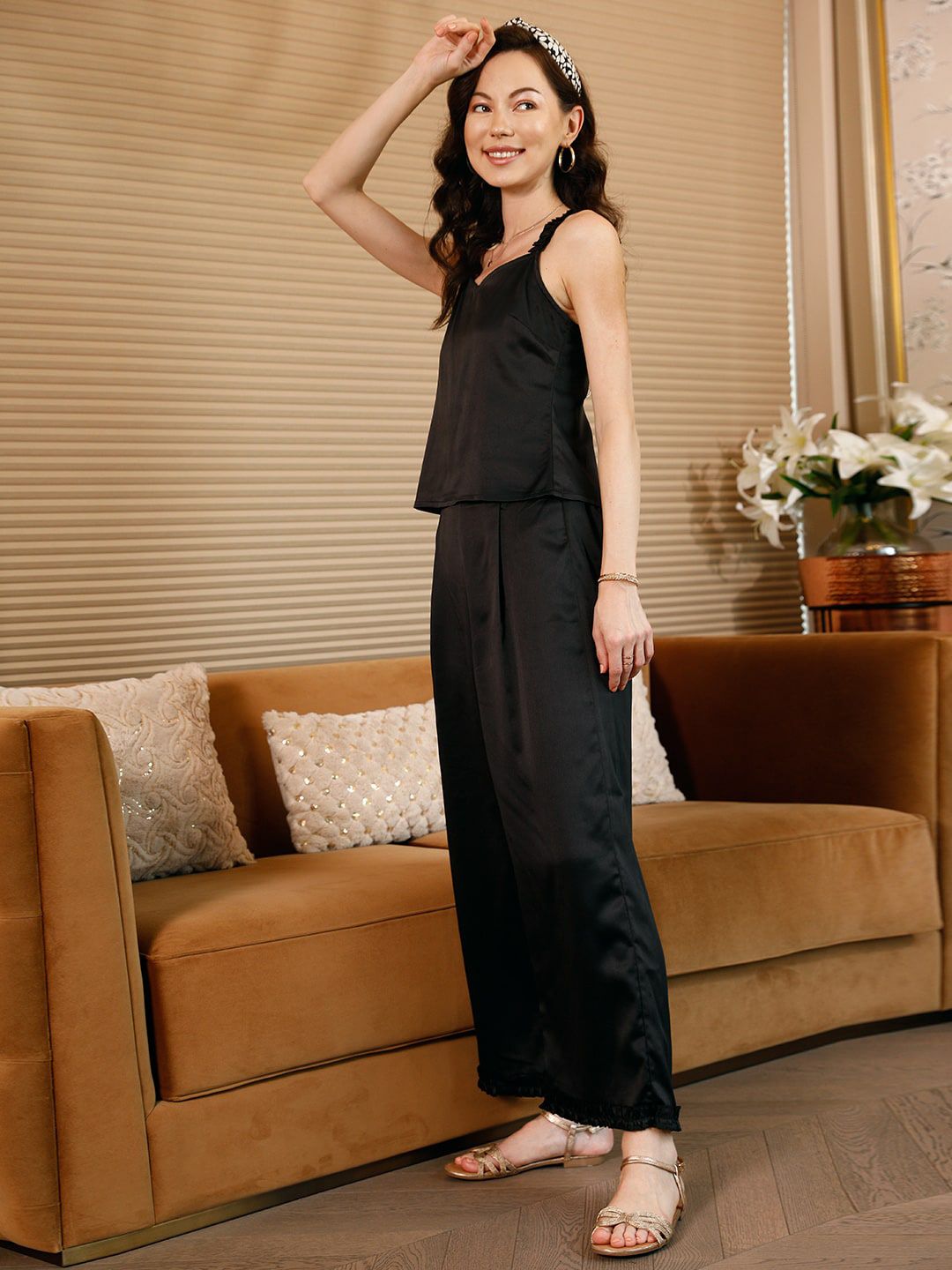 STREET 9 Black Shoulder Straps Ruffled Top & Trousers Co-Ords Set