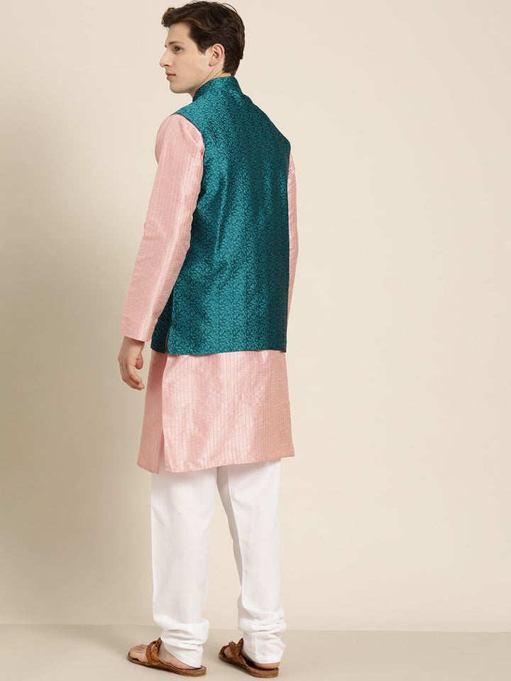 SOJANYA Men Pink & Beige Striped Thread Work Straight Kurta Churidar Nehru Jacket