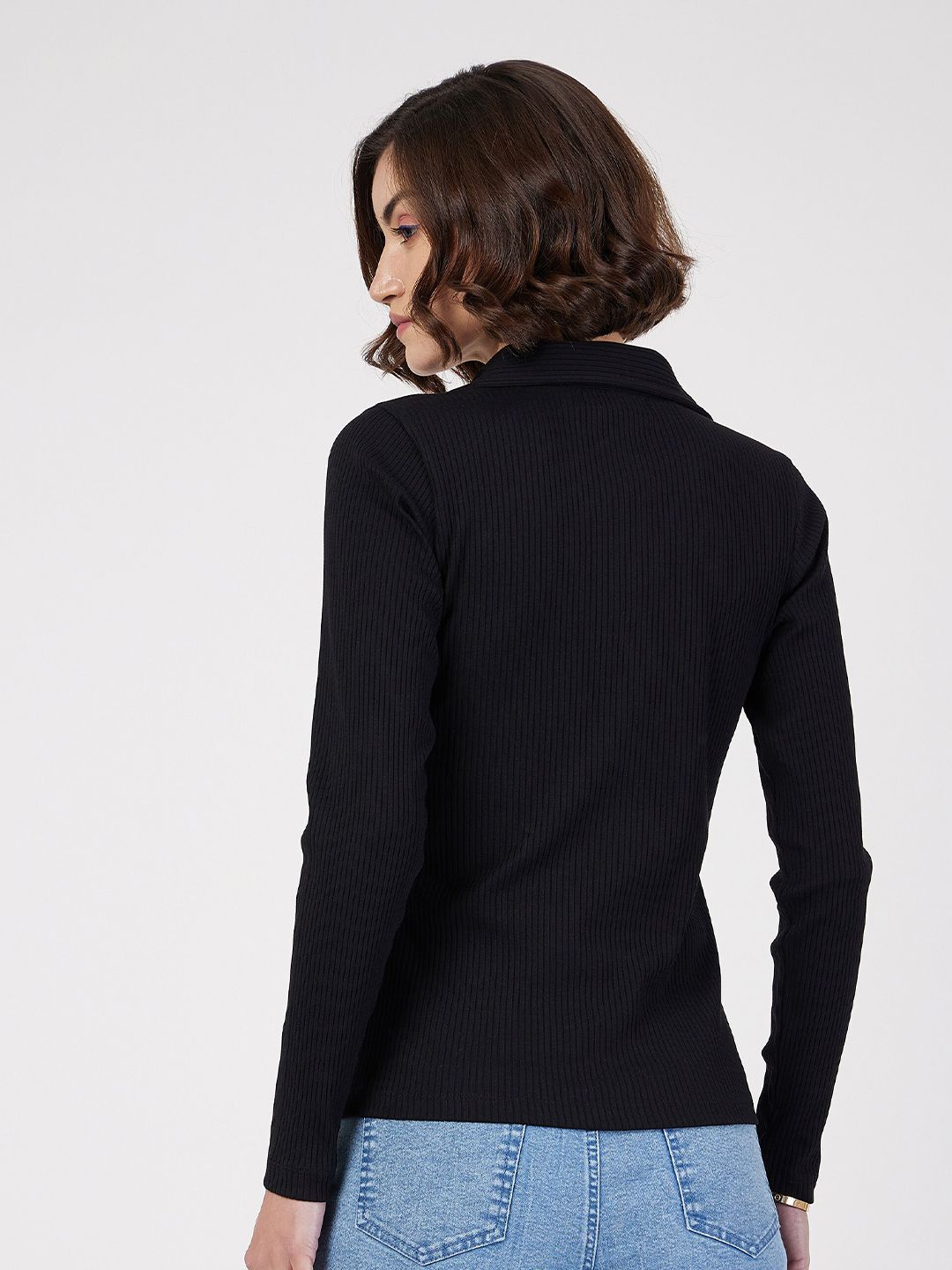 SASSAFRAS Black Ribbed Shirt Collar Fitted Top
