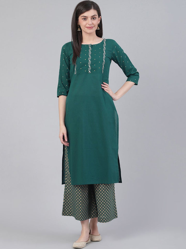 Varanga Women Green Floral Embroidered Kurta with Palazzos