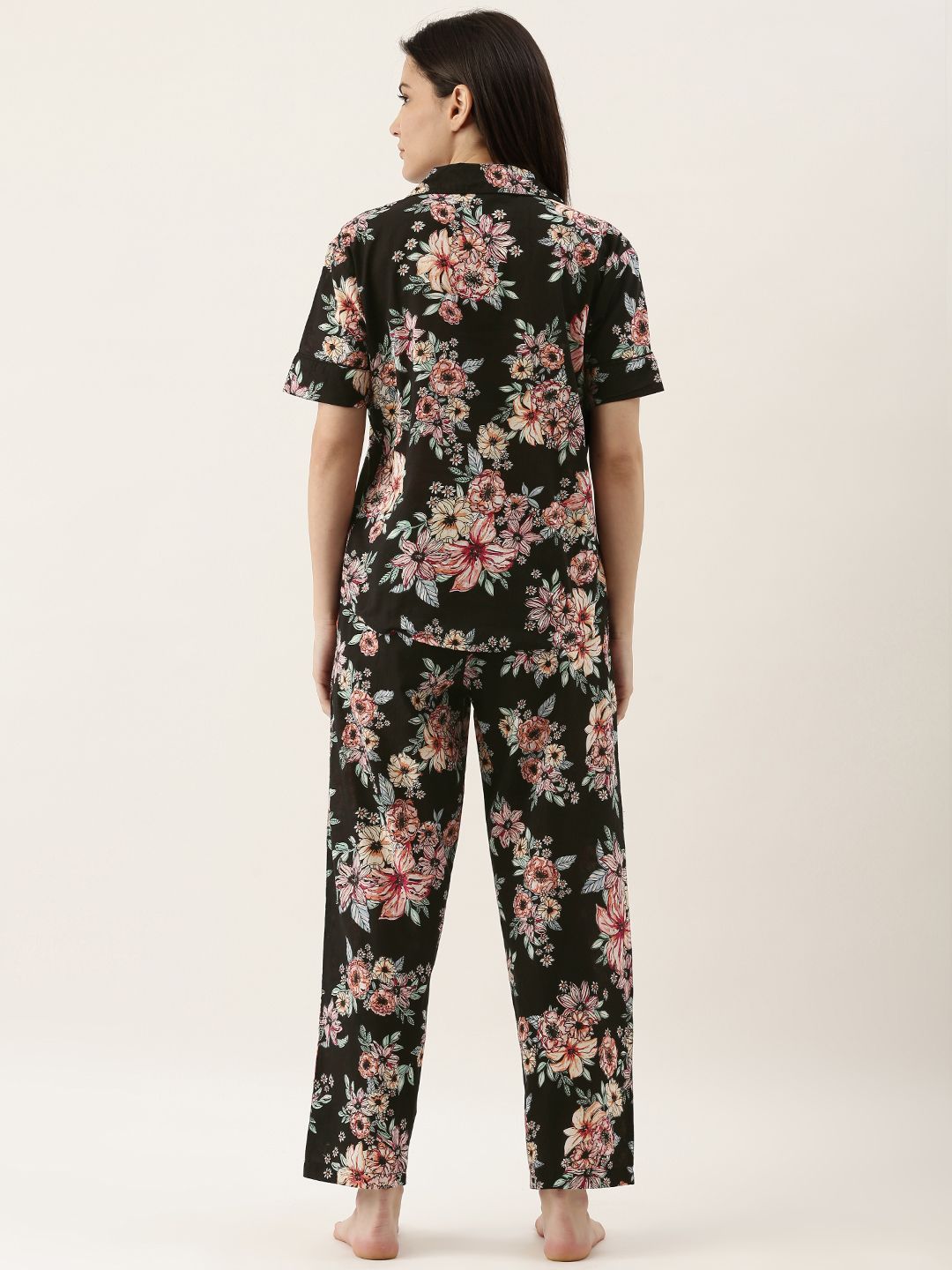 SANSKRUTIHOMES Women Black Pure Cotton Floral Print Pyjama Set