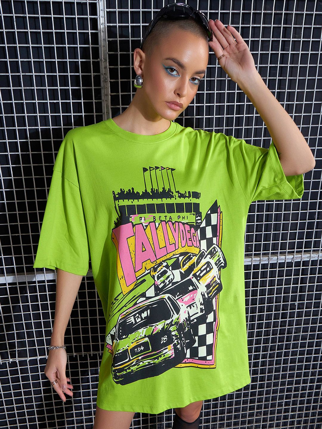 SASSAFRAS Green Graphic Printed Pure Cotton Oversized T-Shirt Dress