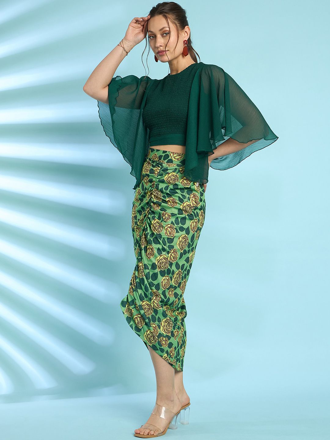 Antheaa Green Flared Sleeves Smocked Crop Top With Skirt