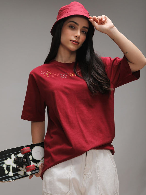 DILLINGER Women Short Sleeve Oversized Crew Neck Embroidery Tshirt