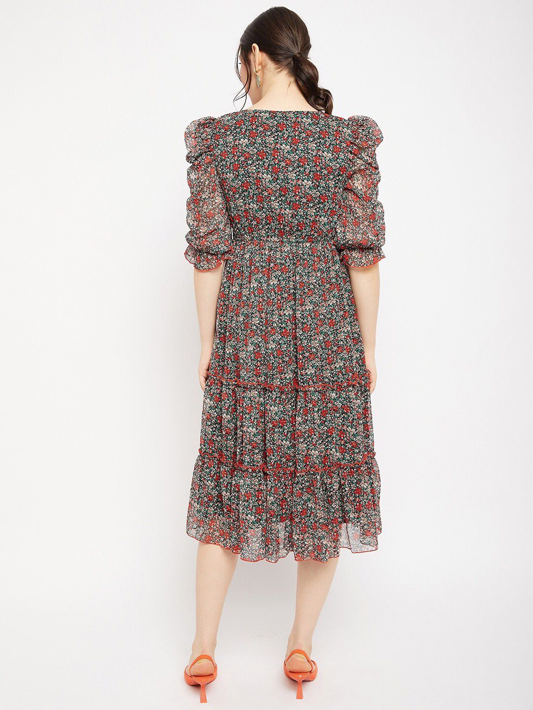 Antheaa Tie-Up Neck Floral Printed Embroidered Tiered Chiffon Fit & Flare Midi Dress