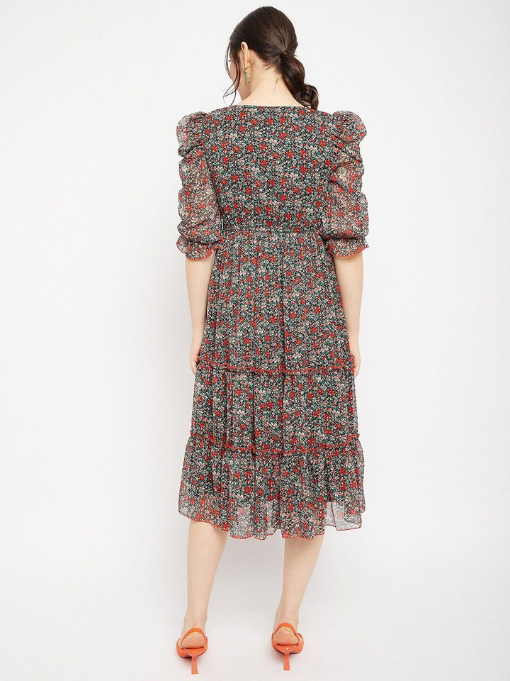Antheaa Tie-Up Neck Floral Printed Embroidered Tiered Chiffon Fit & Flare Midi Dress
