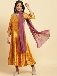 W Yellow Ethnic Motifs Printed Regular Sequinned Kurta With Leggings And Dupatta
