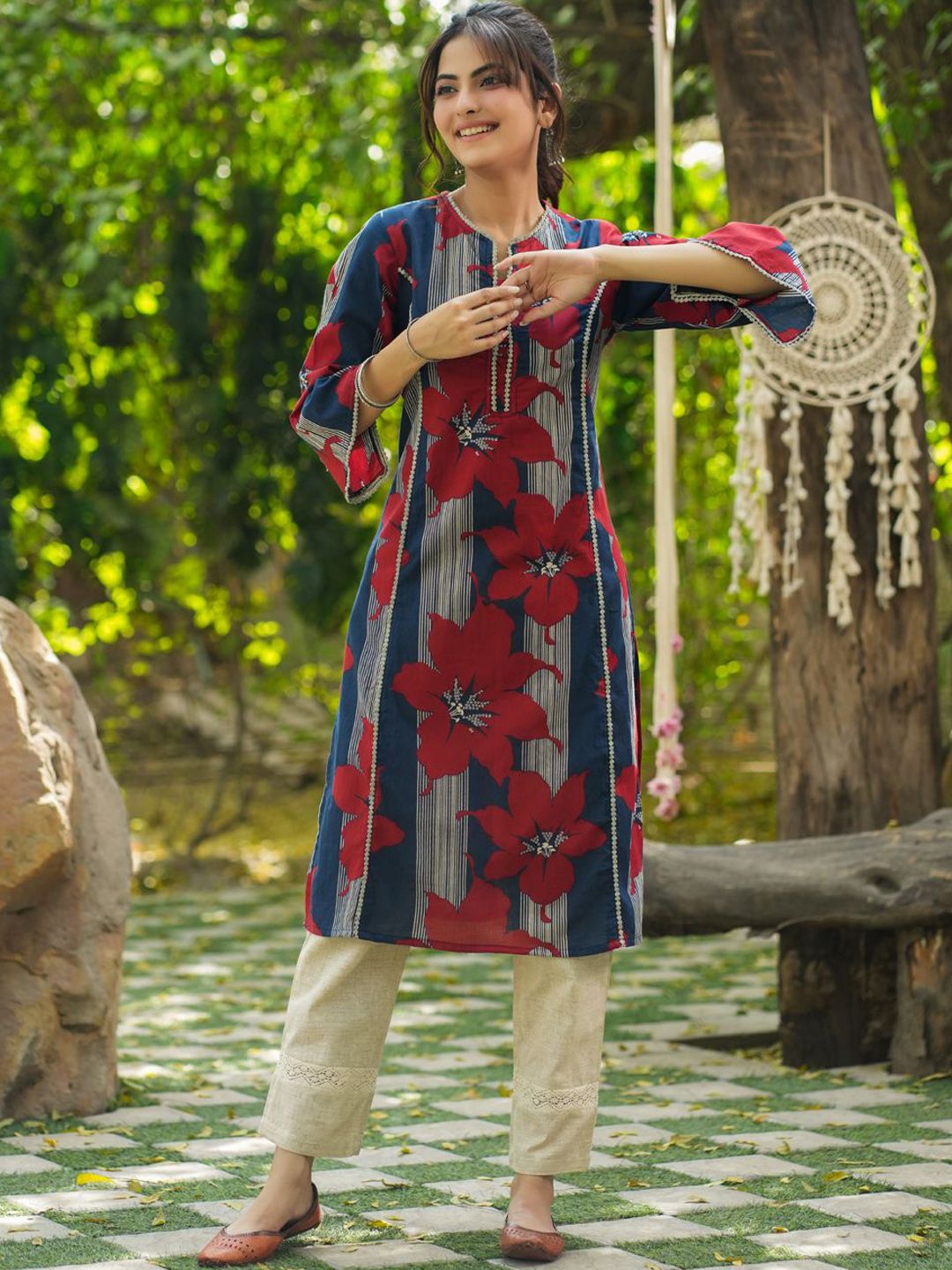 Rain &amp; Rainbow Notch Leher Bersulam Kurta Lurus