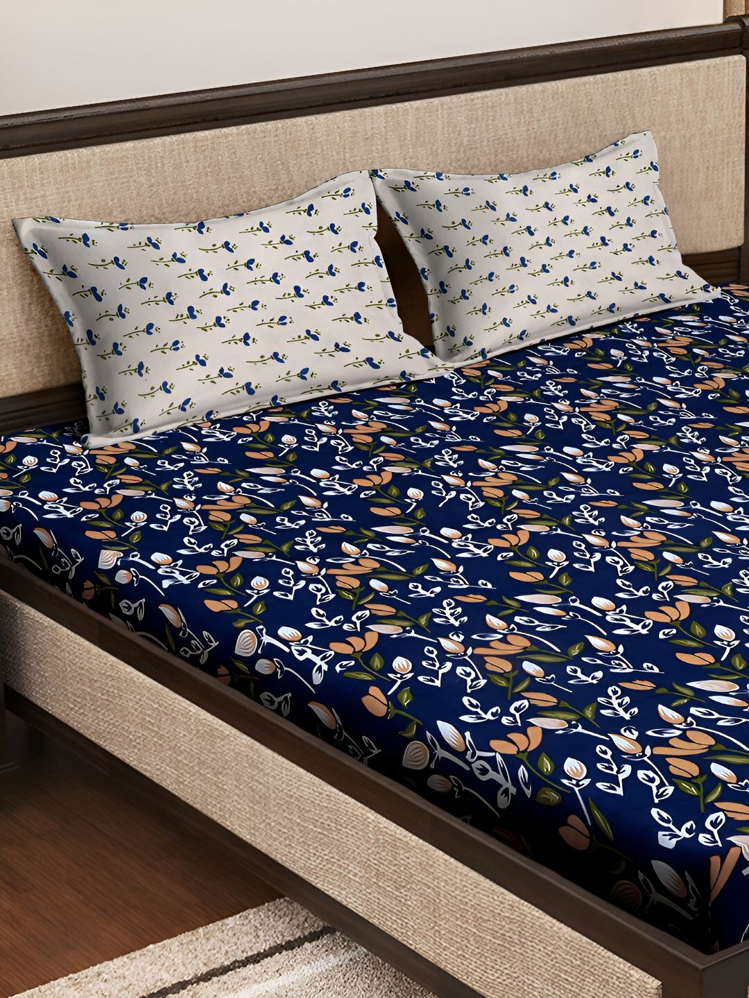 KLOTTHE Navy Blue Floral Printed 300TC Super King Bedsheet With 2 Pillow Covers