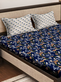 KLOTTHE Navy Blue Floral Printed 300TC Super King Bedsheet With 2 Pillow Covers